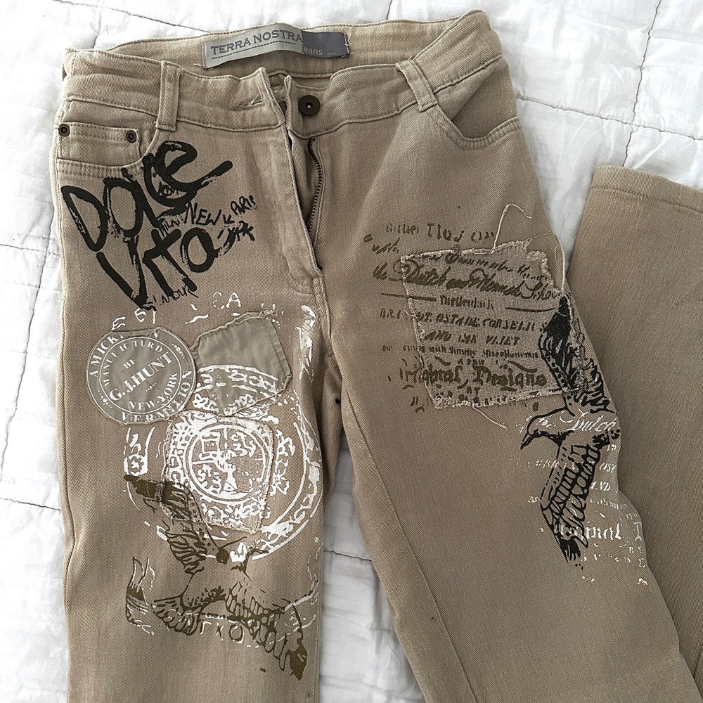 Vintage Beige Patchwork Denim Jeans